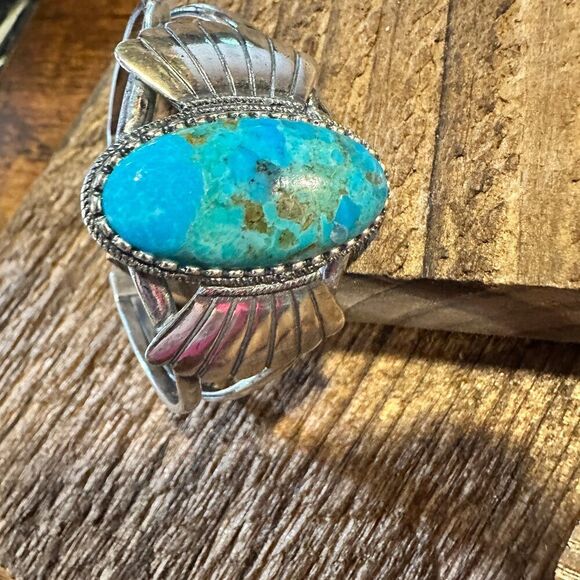 Native American Turquoise Winged Abedabun Sterling Silver Cuff Bracelet in Gift - Picture 12 of 14